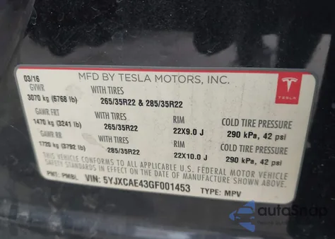 2016 Tesla Model X 60D/P100D/P90D z USA, uszkodzony, nr VIN 5YJXCAE43GF001453